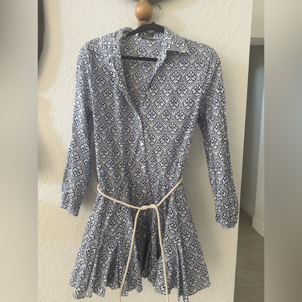 Zara Navy and White Patterned Long Sleeve Dress